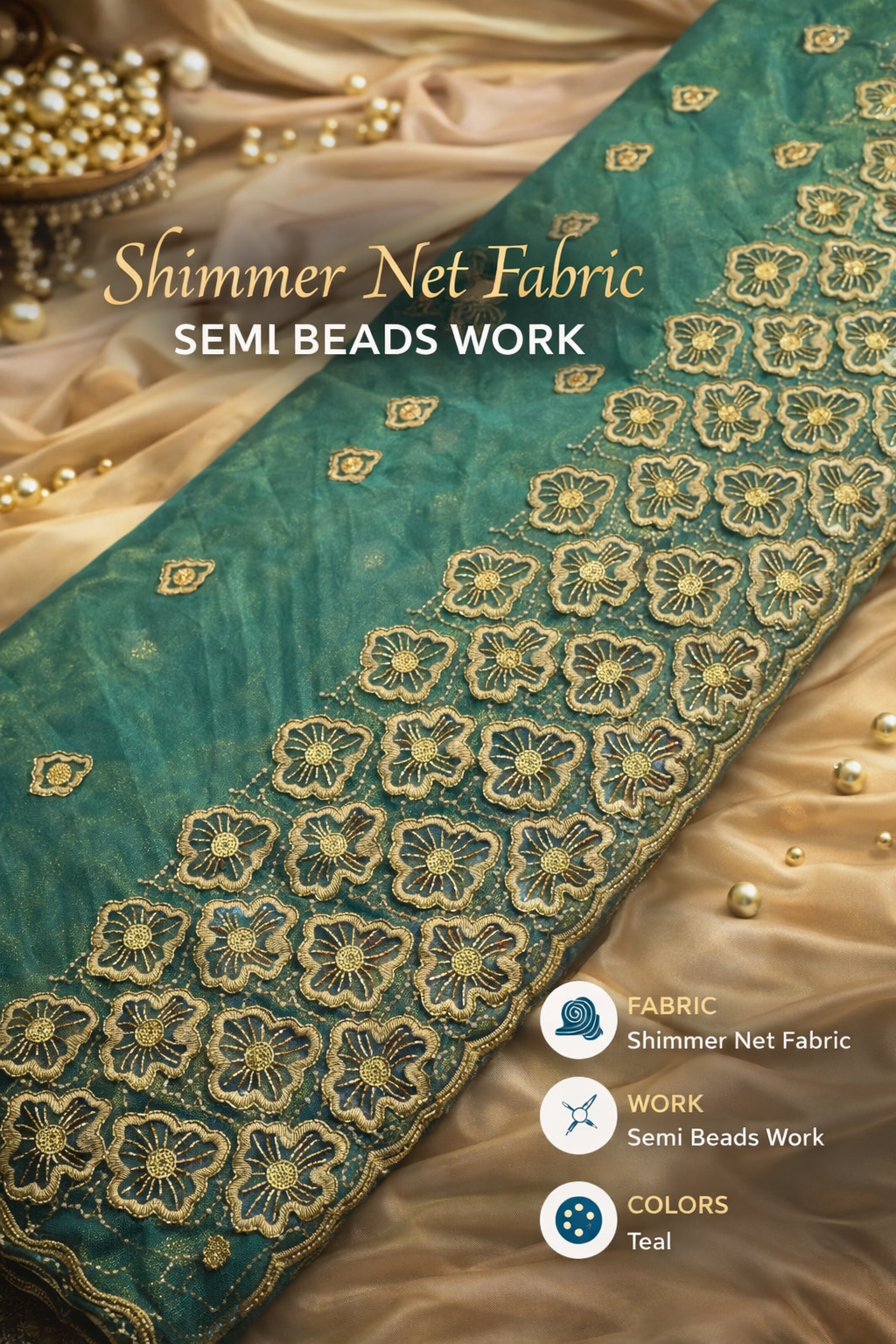 Shimmer net semi-beads work fabric is a luxurious, lightweight mesh material
