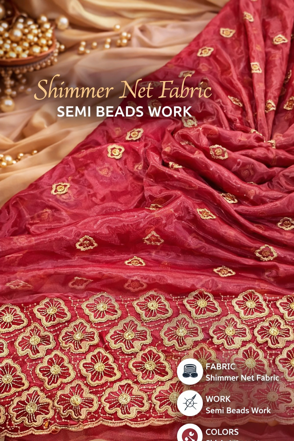 Shimmer net semi-beads work fabric is a luxurious, lightweight mesh material